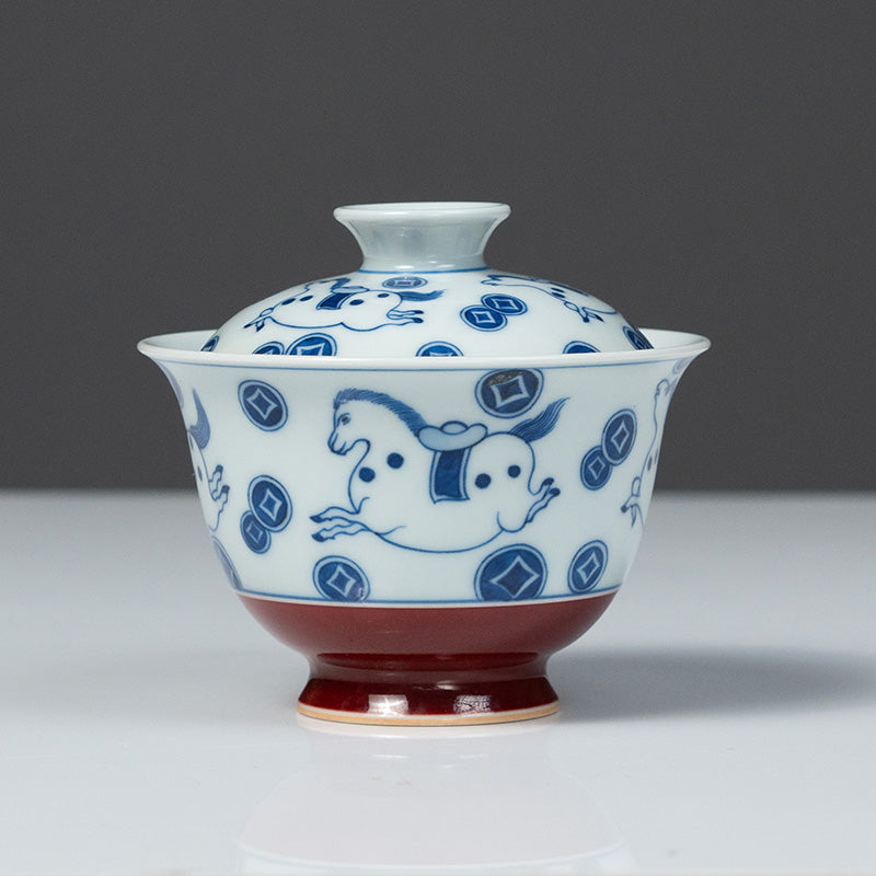 Handmade Blue-and-White & Xuande Red “Ma Shang You Qian” Two-Piece Gaiwan