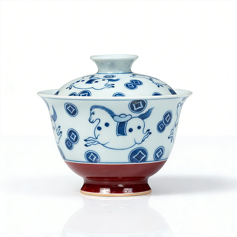 Handmade Blue-and-White & Xuande Red “Ma Shang You Qian” Two-Piece Gaiwan