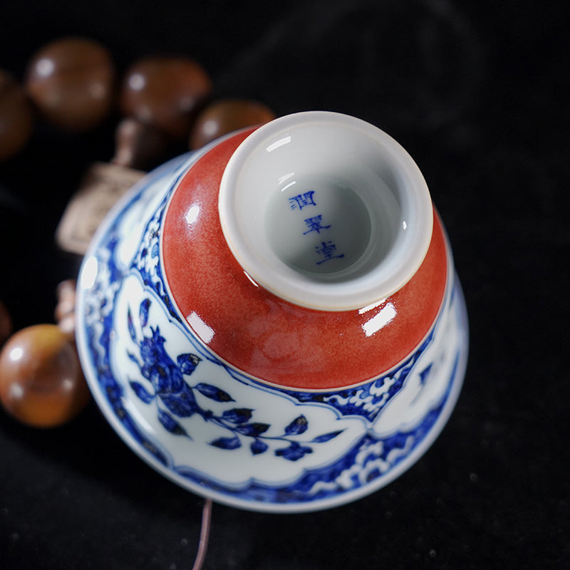 Three Abundances Shiliu Cup Blue and White Xuande Red 90 ml