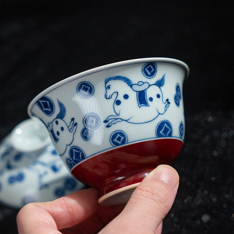 Handmade Blue-and-White & Xuande Red “Ma Shang You Qian” Two-Piece Gaiwan