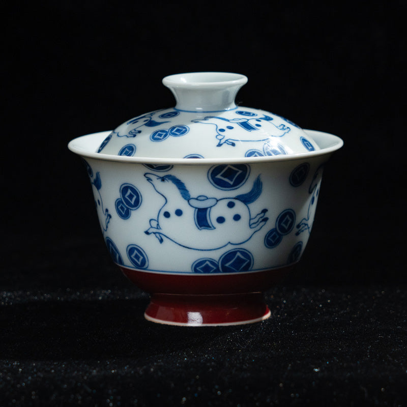 Handmade Blue-and-White & Xuande Red “Ma Shang You Qian” Two-Piece Gaiwan