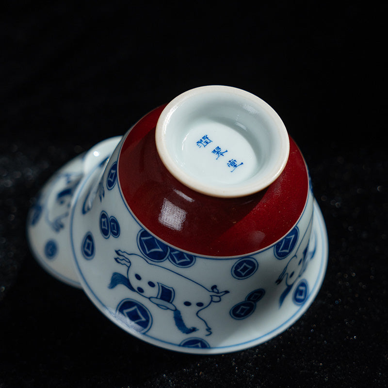 Handmade Blue-and-White & Xuande Red “Ma Shang You Qian” Two-Piece Gaiwan