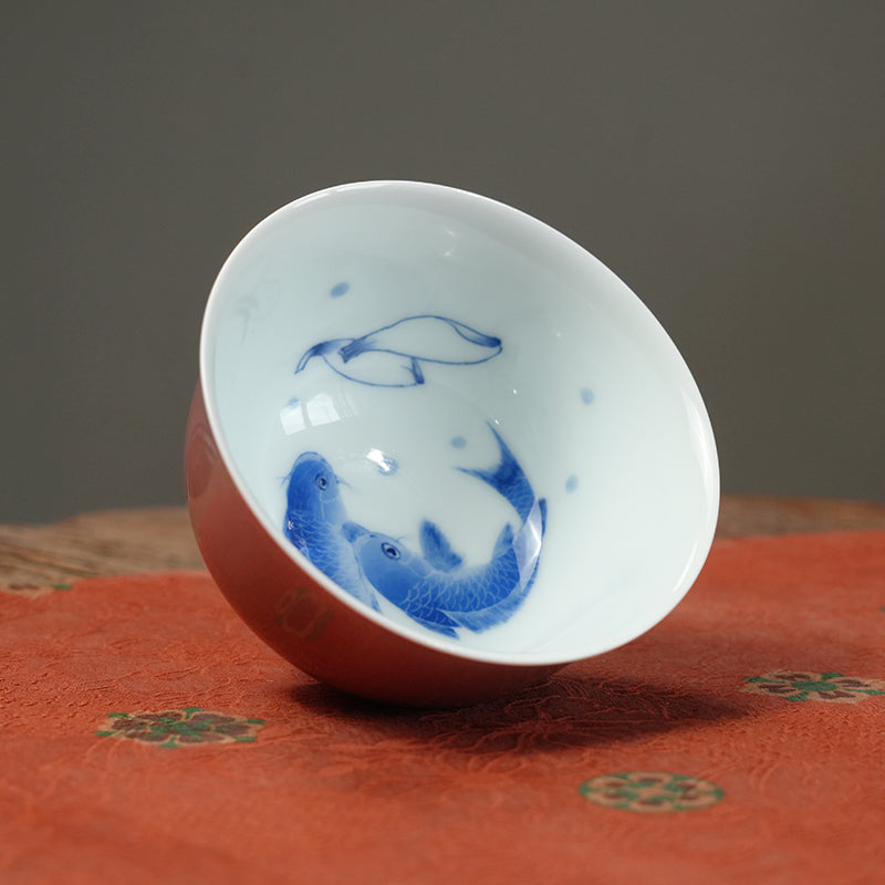 Twin Fish Master Cup – Rouge-Bean Red with Hand-Painted Underglaze Blue